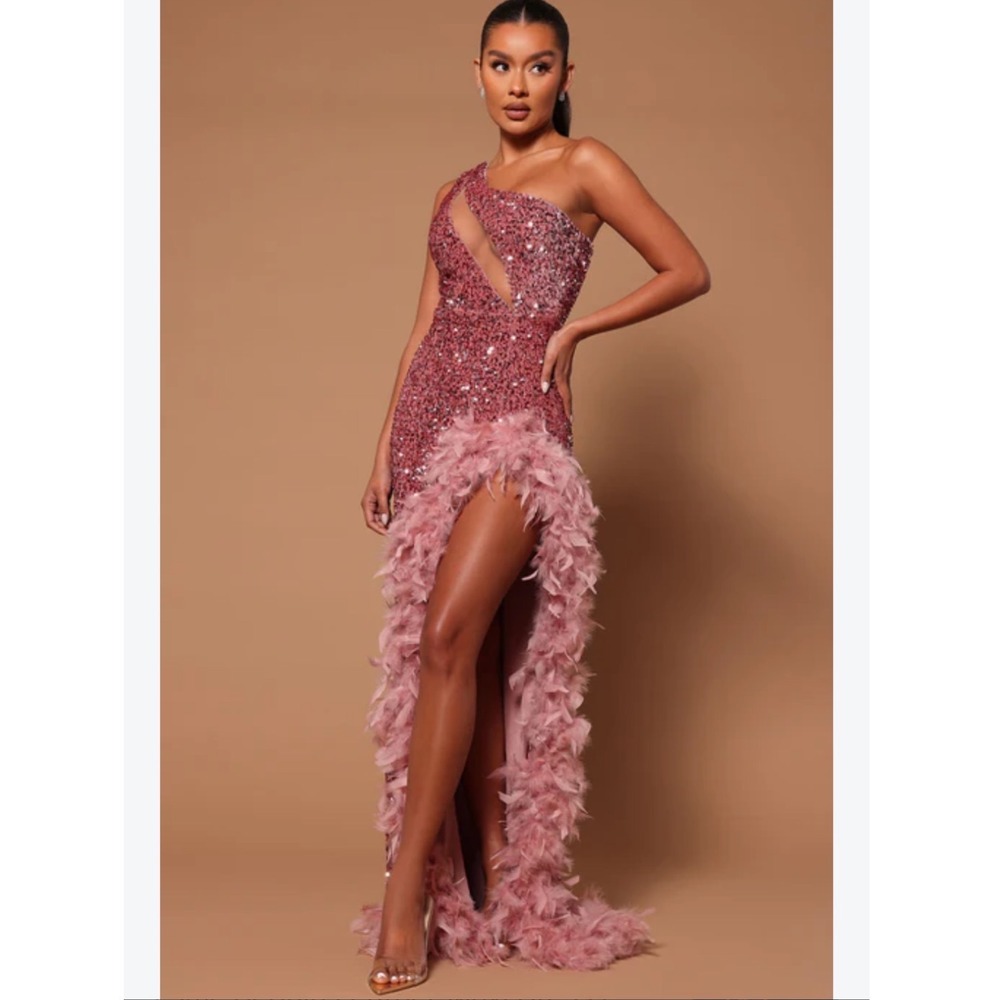 Fashion Nova Esme Sequin Feather Maxi Dress Womens Small Pink One Shoulder